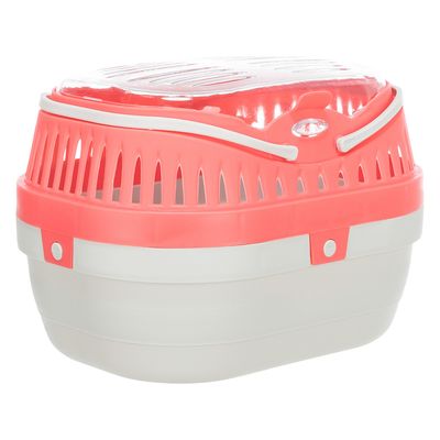 Transportín de plástico con base blanca y tapa roja, ranuras de ventilación y asa de transporte.