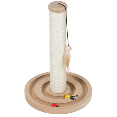 Scratching post with sisal column, wooden base with play track and red ball. Cat plays with feather on string.