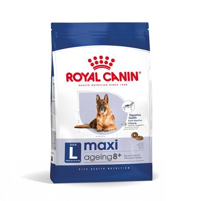 Royal Canin maxi ageing 8+ kutyatáp, L méret, 26–44 kg, emésztési egészség, vitalitás támogatás, német juhász képével a csomagoláson