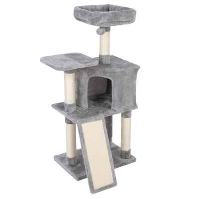 Grey scratching post with three levels, cave, lying area, play ball and sisal scratching surfaces.