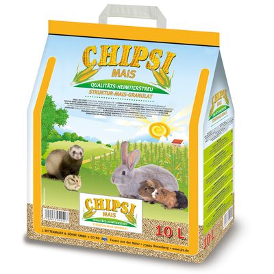 CHIPSI MAIS, QUALITÄTS-HEIMTIERSTREU, STRUKTUR-MAIS-GRANULAT, envase de 10 L con imágenes de conejo, cobayas, hámster y hurón en el paquete.