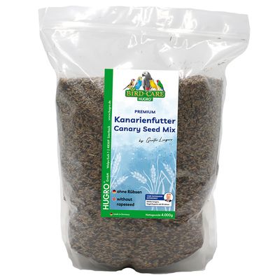 Bird-Care Hugro Premium kanári eleség, rübsen nélkül, fejlesztette Günter Lengner, nettó tömeg 700g, made in Germany.