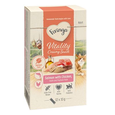 Feringa Vitality krémes snack macskáknak, csirke ízű inulinnal és útifűmaghéjjal. Gabonamentes, taurinnal és prebiotikummal. Szőrlabda ápolás, csomag 12 x 10 g.
