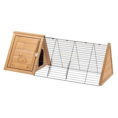 Drewniana klatka dla małych zwierząt z wybiegiem z siatki, trójkątny design, drzwi z grawerem z motywem królika.