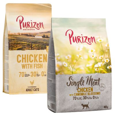 Purizon Single Meat Trockenfutter für Katzen, Sorten Lachs mit Kornblumen und Huhn mit Kamillenblüten. 70% Proteinquellen, 30% Gemüse, 0% Getreide. Packungsgrösse: 400g.