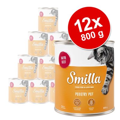 Smilla Poultry Pot with Beef, 12 puszek po 800 g. Na etykiecie: kot, napisy 'contains taurine', 'grain-free', 'made in Germany'.