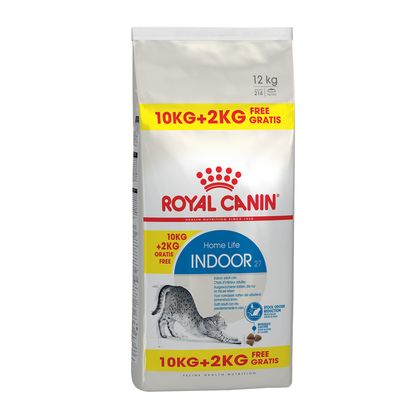 Royal Canin Home Life Indoor 27, 12kg pack with 10kg plus 2kg free offer. Features stool odour reduction and is suitable for indoor adult cats.