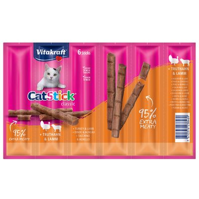 Vitakraft CatStick classic, 6 db, pulyka és bárány, cukormentes receptúra, gabonamentes, 95% extra húsos.