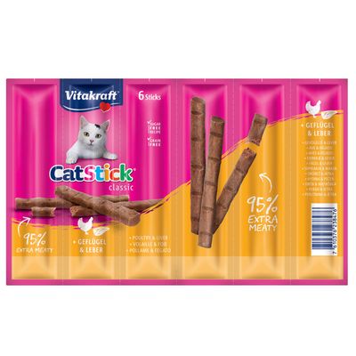 Vitakraft CatStick classic, 6 rudacska baromfival és májjal, 95% extra húsos, cukormentes receptúra, gabonamentes.