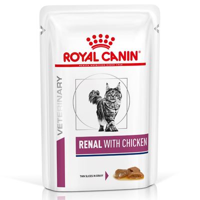 Royal Canin Veterinary Renal mit Huhn, dünne Scheiben in Sosse. Verpackung zeigt eine Katze und Produktabbildung.
