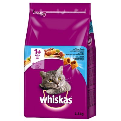 Whiskas Trockenfutter für Katzen ab 1 Jahr, mit Thunfisch, lecker gefüllte Knöchelchen, 3.8 kg Packung.