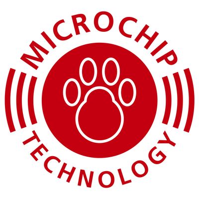 Logo Microchip Technology z czerwoną grafiką odcisku łapy i symbolami fal radiowych.