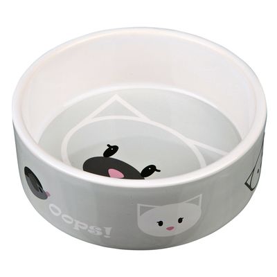 Grauer Futternapf mit Katzenmotiven und Schriftzug 'Oops!' auf der Aussenseite, aus Keramik.
