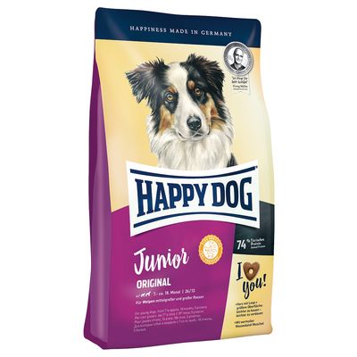 Vreća hrane za pse Happy Dog Junior Original, vidljiv tekst: 74 % životinjskih proteina, I love you!, Happiness made in Germany, za mlade pse srednjih i velikih pasmina.