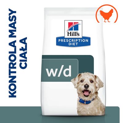 Hill's Prescription Diet w/d, kontrola masy ciała, opakowanie z psem i ikoną kurczaka. Widoczny napis: KONTROLA MASY CIAŁA.