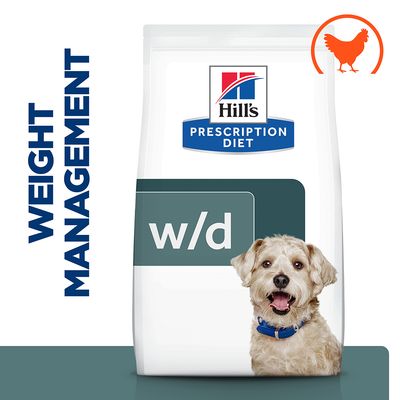 Hill's Prescription Diet w/d kutyatáp csomagolás, bal oldalon 'Weight Management' felirat, jobb felső sarokban narancssárga csirke szimbólum látható.