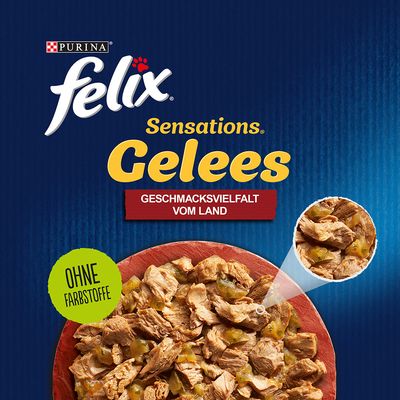 Purina Felix Sensations Gelees, vidéki ízválaszték, színezék nélkül. Húsdarabok zselében piros tányéron.