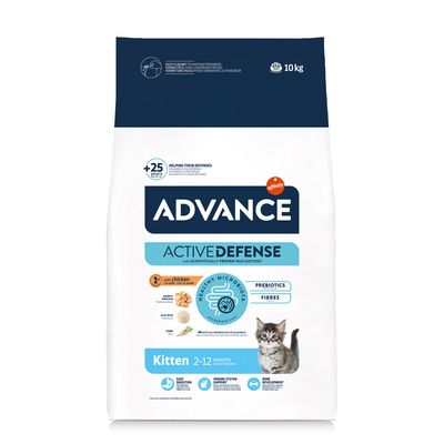 Advance Active Defense Kitten 1,5 kg, con nucleótidos científicamente probados, microbiota sana. Imagen de un gatito en el envase.