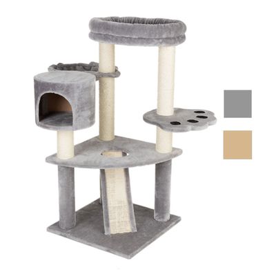 Cat tree with grey fabric cover, cave, lying surfaces and sisal posts. Colour options: grey and beige.