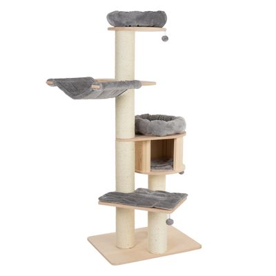 Cat tree made of wood with multiple levels, resting areas and a cave. Cat stands on top platform.