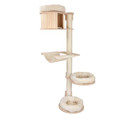 Cat tree made of wood with sisal post, three padded lying areas, hammock and enclosed resting area at the top.