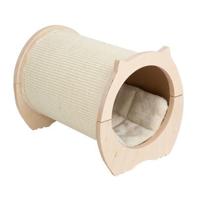 Cylindrical wooden tunnel with a textured outer surface and a soft, padded interior cushion, designed for pets to rest inside or scratch on the outside.