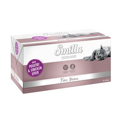 Smilla Fine Menu macskaeledel pulyka és nyúl, 24×100 g-os csomag. Csomagoláson: contains taurine, grain-free recipe, with turkey & rabbit, 100 g.