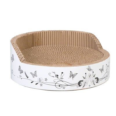 Round scratching mat made of corrugated cardboard with white edge, decorated with butterfly and flower motifs.