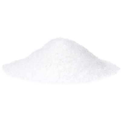 Pile of white, fine crystals. Product image of de-icing salt or similar material.
