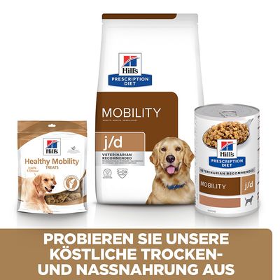 Hill's Prescription Diet Mobility j/d Trocken- und Nassnahrung sowie Healthy Mobility Treats. Probieren Sie unsere köstliche Trocken- und Nassnahrung aus.