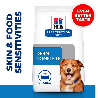 Hill's Prescription Diet Derm Complete ORIGINAL kutyatáp csomagolás, piros körben: EVEN BETTER TASTE, bal oldalon: SKIN & FOOD SENSITIVITIES felirat