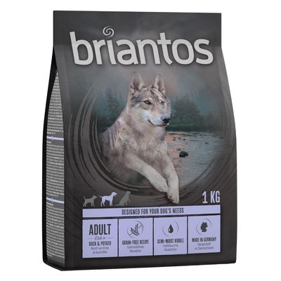 Briantos Adult, rico en pato y patata, receta sin cereales, croquetas semihúmedas, fabricado en Alemania. Envase con lobo y motivo de bosque, 1 kg.