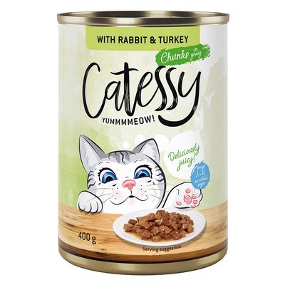 Catessy macskaeledel konzerv, 400 g, kacsával és májjal. Csomag: 24×400g. Feliratok: YUMMMEOW!, Deliciously juicy!, no added sugar.
