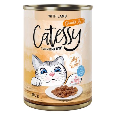Catessy macskaeledel csirkehússal, 400 g konzerv. Csomag: 12×400 g. Feliratok: With Chicken, Jelly-cious!, no added sugar, YUMMMMEOW!