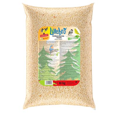 Lillebro tört földimogyoró, 10 kg. Csomagolás termékinformációkkal, madarak és fák illusztrációjával.
