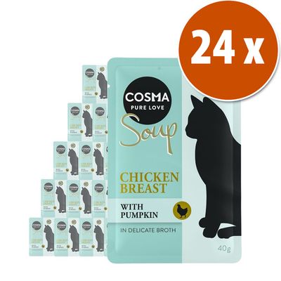 Pack de 24 sobres Cosma Pure Love Soup, pechuga de pollo con calabaza en caldo delicado, 40 g cada uno. Imagen del envase con silueta de gato y texto visible en inglés.