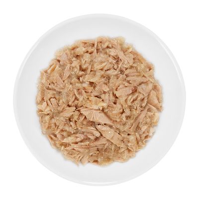 Közelkép aprított tonhalról zselében fehér tányéron, alkalmas állateledelként.