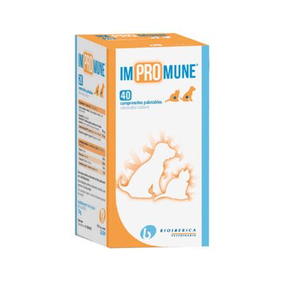 Impromune, 40 comprimidos masticables. Bioiberica Veterinaria. El envase muestra siluetas de un perro y un gato.