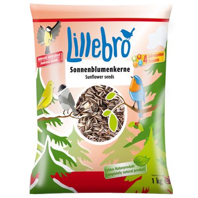 Lillebro napraforgómag, ambrosia ellenőrzött, valódi természetes termék, minden évszakra alkalmas. Csomagolás madarakkal és 1 kg tartalommal.