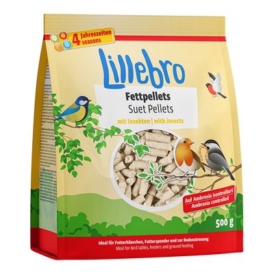 Lillebro zsíros pellet rovarokkal, minden évszakra alkalmas. Ambrosia ellenőrzött, etetőházakhoz, etetőoszlopokhoz és talajetetéshez ideális. Kiszerelés: 500 g.