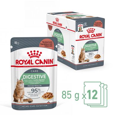 Digestive care food, 85g pouch pack of 12. Proven results: over 95% healthy stool quality in 10 days. Thin slices in gravy.