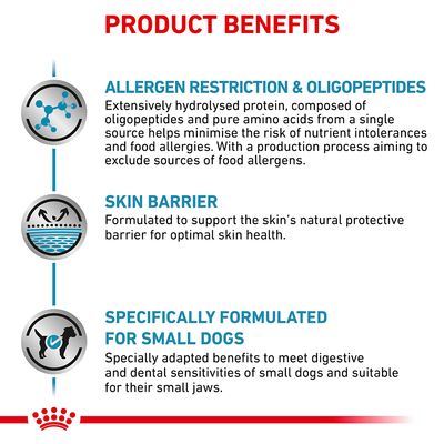 PRODUCT BENEFITS: ALLERGEN RESTRICTION & OLIGOPEPTIDES, SKIN BARRIER, SPECIFICALLY FORMULATED FOR SMALL DOGS. Az angol szöveg a termék fő előnyeit sorolja fel.