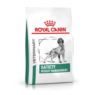 Royal Canin Veterinary Satiety Weight Management. Csomagolás kutyaképpel és zöld címkével.
