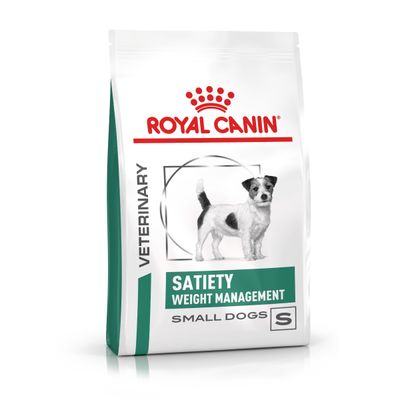 Royal Canin Veterinary Satiety Weight Management kis testű kutyáknak, zöld-fehér csomagolás, látható egy kis kutya képe.