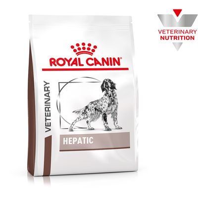 Royal Canin Veterinary Hepatic kutyatáp, csomagolás kutyaképpel és állatorvosi táplálkozás logóval.