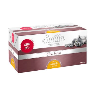 Smilla Fine Menu z wołowiną, wykwintne nadzienie z piersią kurczaka i papryką. Opakowanie: 8 x 100 g.