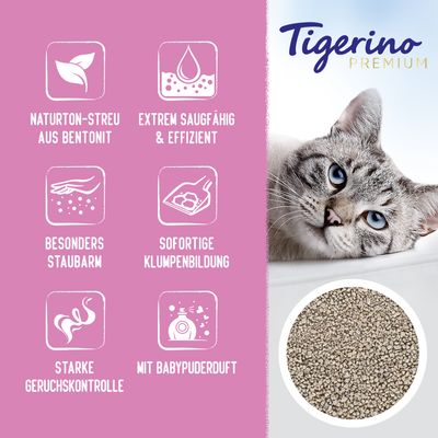 Tigerino Premium Katzenstreu aus Bentonit. Eigenschaften: extrem saugfähig, staubarm, sofortige Klumpenbildung, starke Geruchskontrolle, Babypuderduft.