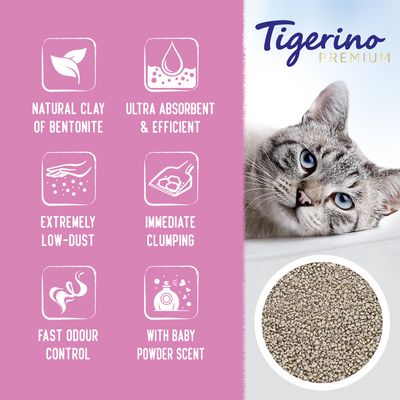 Natural clay of bentonite, ultra absorbent and efficient, extremely low-dust, immediate clumping, fast odour control, with baby powder scent. Tigerino Premium branding shown.