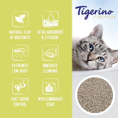 Natural clay of bentonite, ultra absorbent and efficient, extremely low-dust, immediate clumping, fast odour control, with lemongrass scent. Product granules shown.