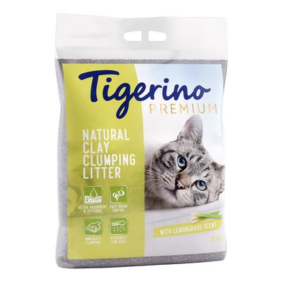Tigerino Premium Natural Clay Clumping Litter with lemongrass scent, ultra absorbent, fast odour control, instant clumping, extremely low dust. Packaging shows a cat. Content: 12 kg.